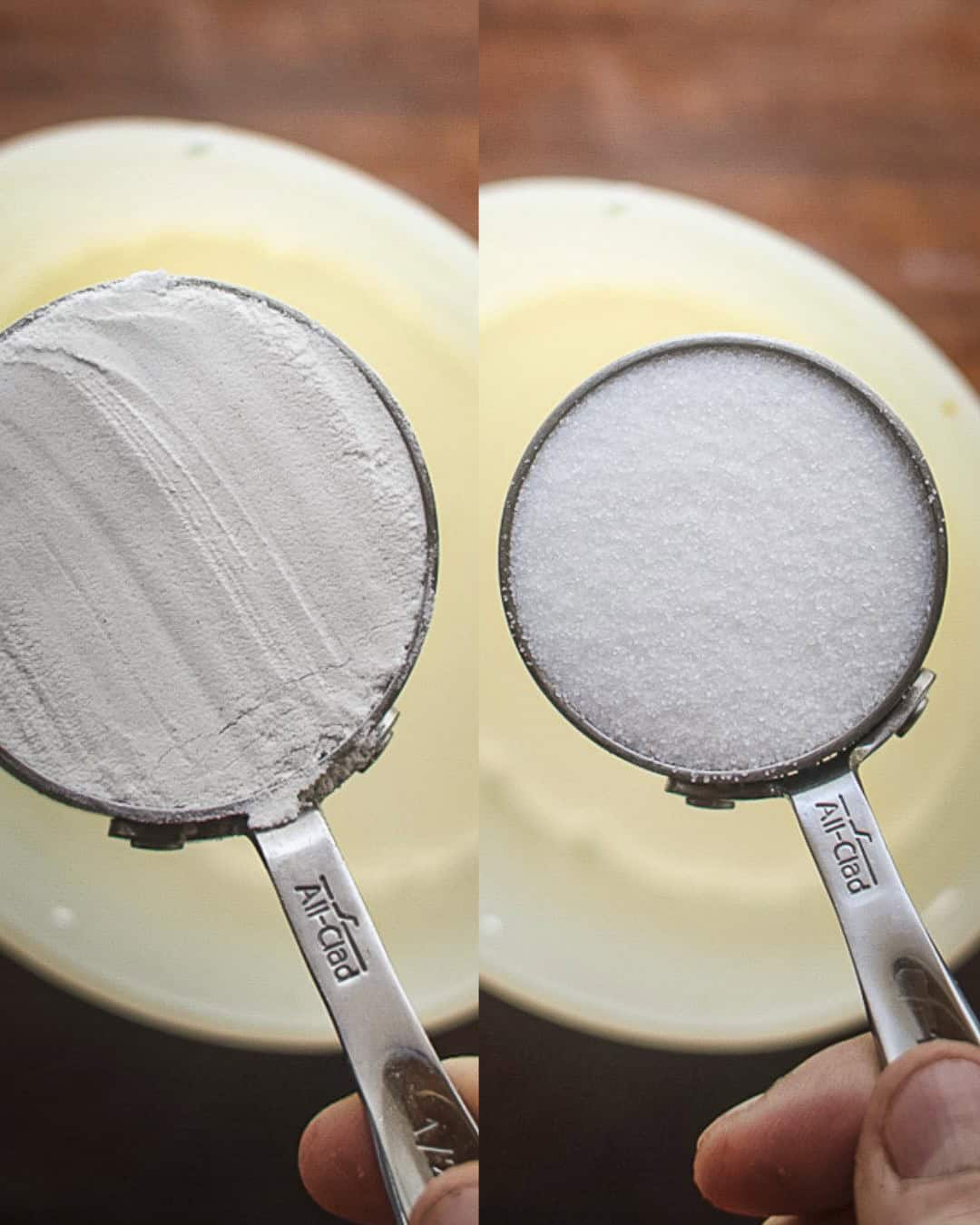 Adding flour and sugar to clafoutis batter. 