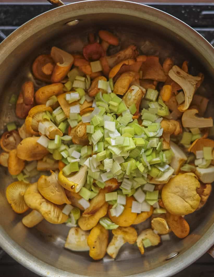 Starting a chanterelle mushroom risotto by sweating chanterelles with leeks in a small pot. 