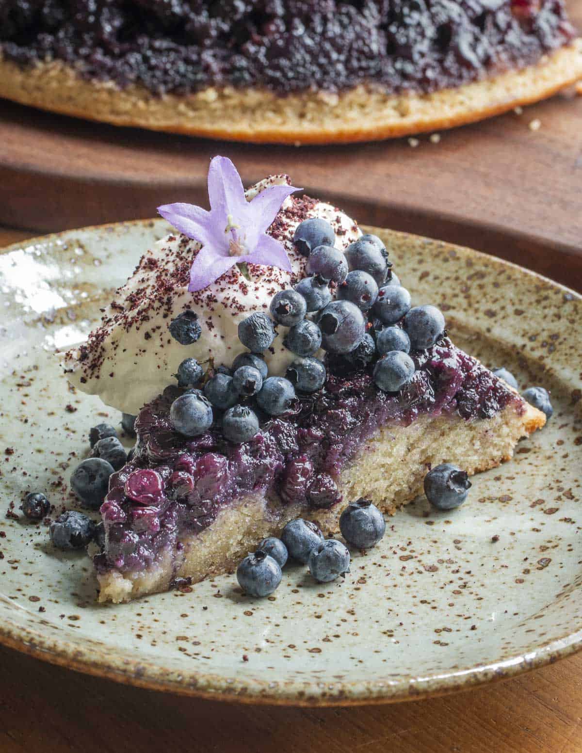 Blueberry upside down cake with sweet clover whipped creme fraiche. 