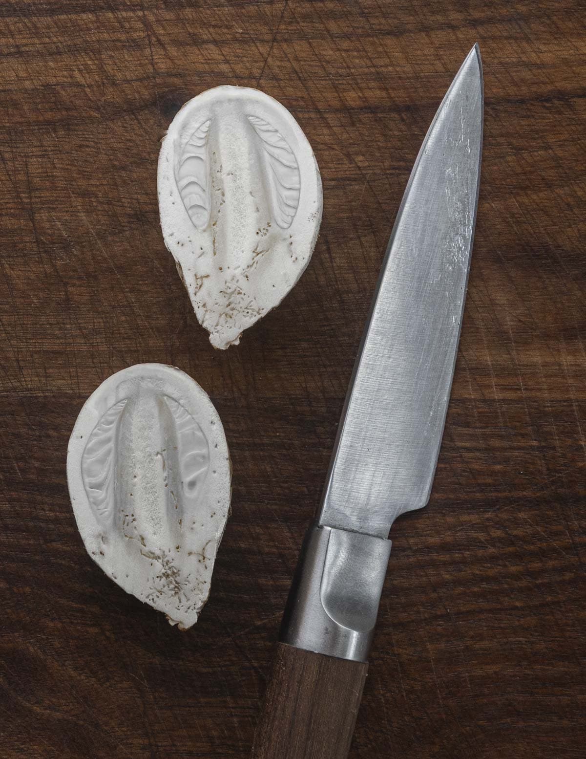 A young Amanita button cut in half to show the cross section and how it can resemble a small puffball mushroom. 