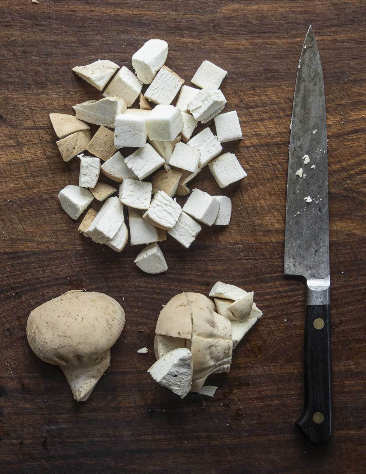 Large fall Apioperdon wolf fart puffballs cut up with a knife and ready to cook.