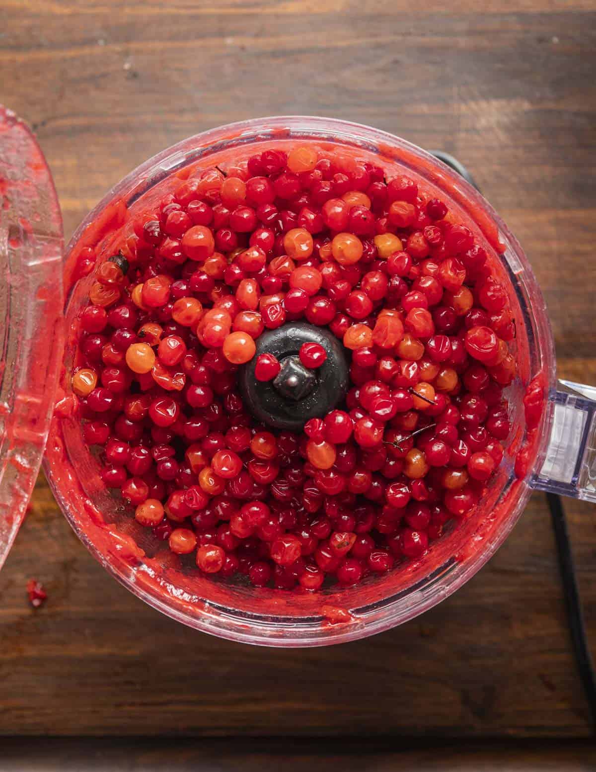 Ripe highbush cranberries in a food processor. 