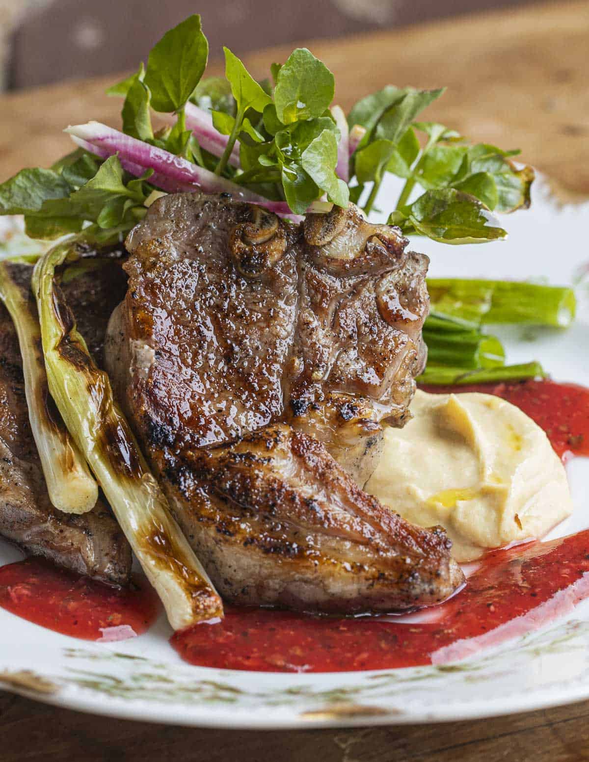 Grilled lamb chops with highbush cranberry sauce. 