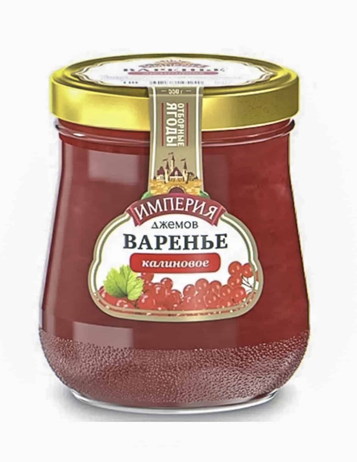 A jar of highbush cranberry bush or kalina preserves sold in Russia. 