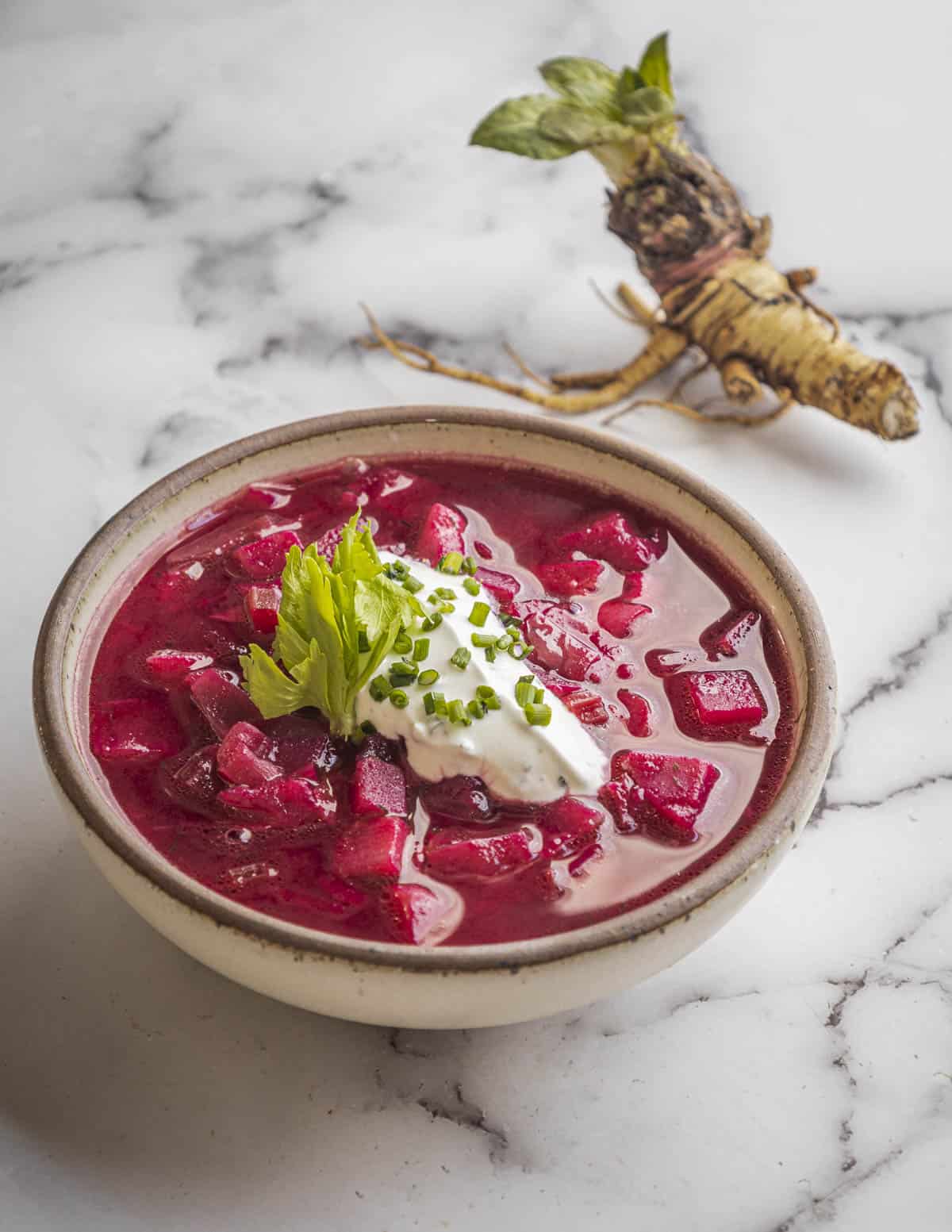 A bowl of borcht made with edible evening primrose roots. 