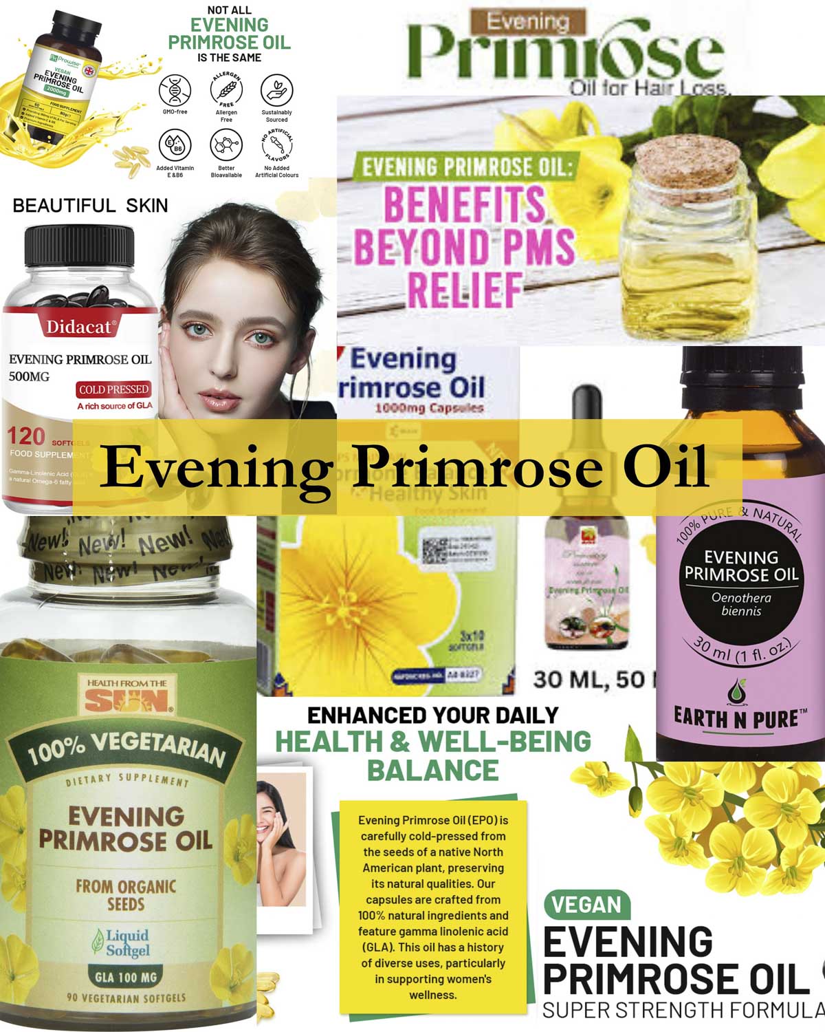 An infographic showing many different images of evening primrose oil products sold as women's health supplements. 
