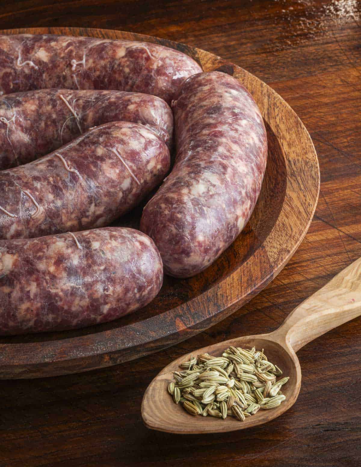 Wild boar fennel sausage on a cutting board with a spoonful of fennel seeds. 