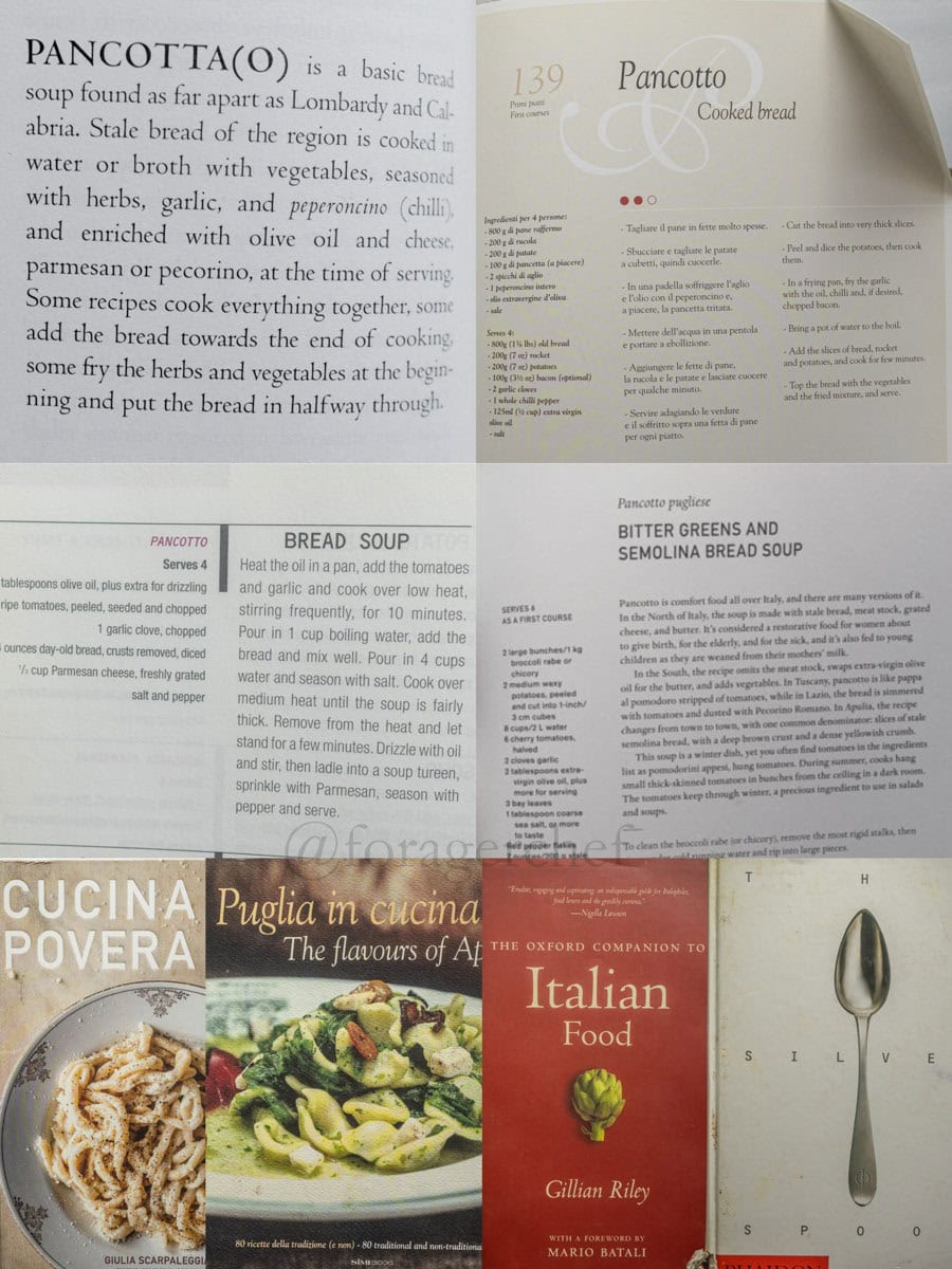 An infographic showing many recipes for Italian pane cotto with different variations and ingredients along with the cover images from the cook books used.