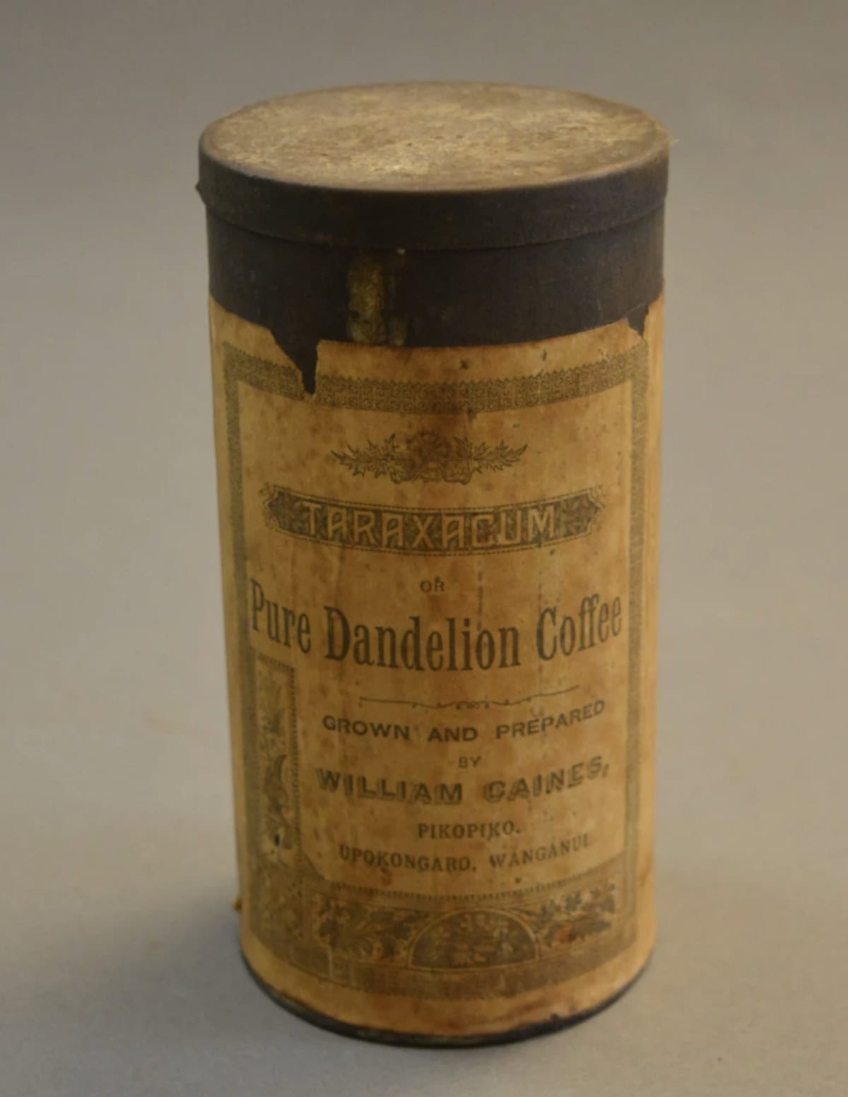 An old jar of dandelion coffee from a museum.