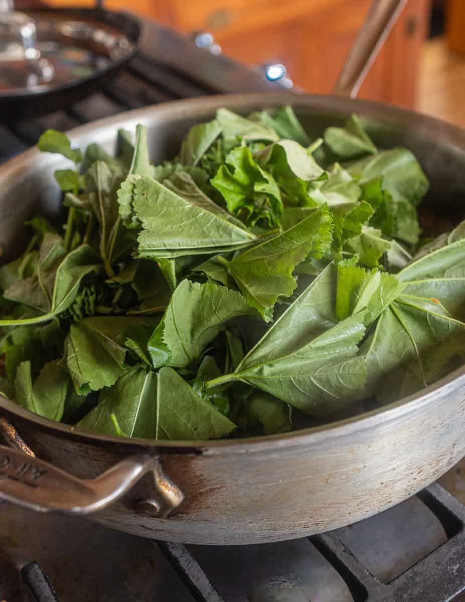 Cooking mallow greens, purslane and watercress in a pot.