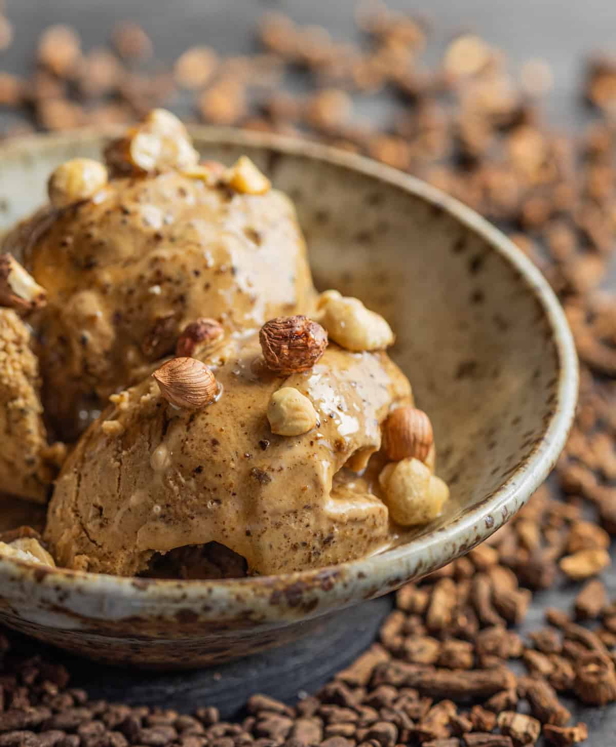 A bowl of dandelion coffee ice cream garnished with wild hazelnuts, black walnuts and maple syrup.