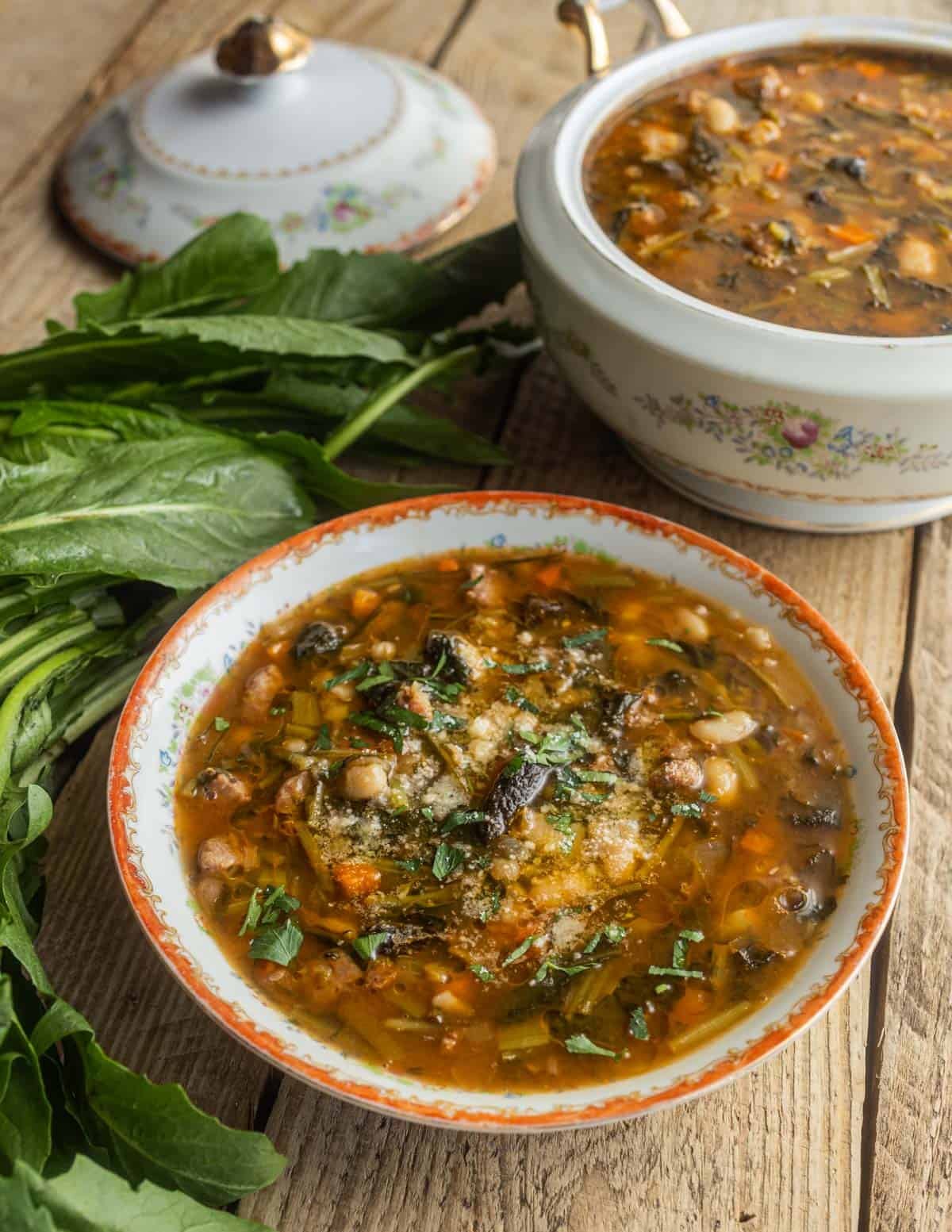 Italian sausage, white bean and dandelion soup served with olive oil, parmesan cheese and fresh ground pepper.
