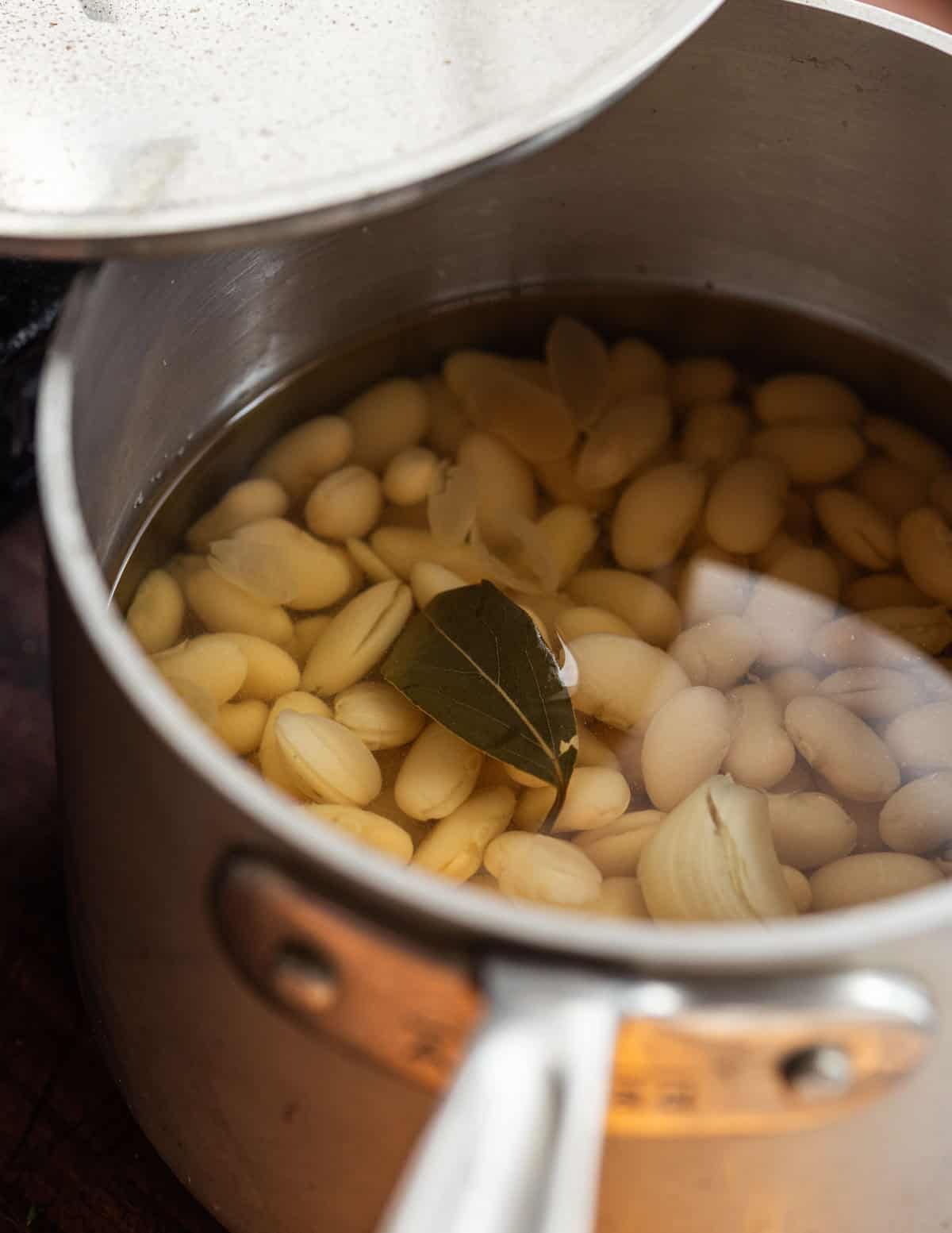 A close up image of white beans being cooked in a pot with bay leaves and a clove of garlic.