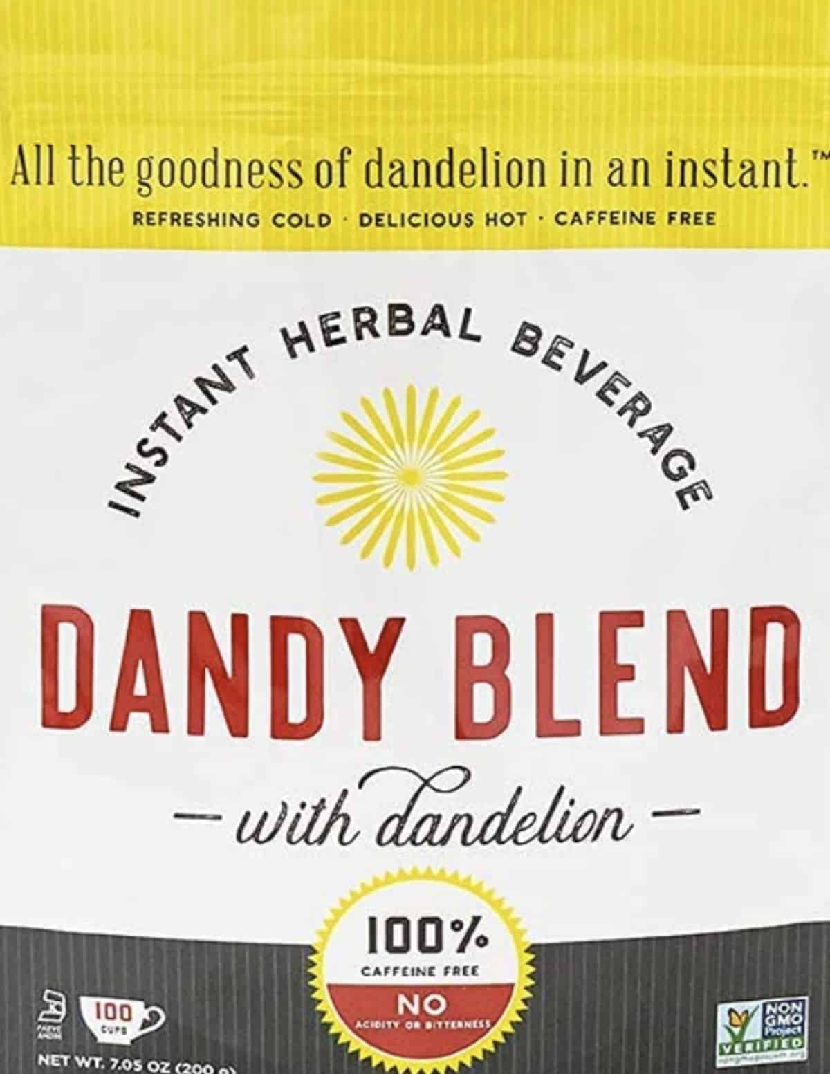 An image of a package of Dandy blend herbal dandelion root beverage, a caffeine free coffee substitute.
