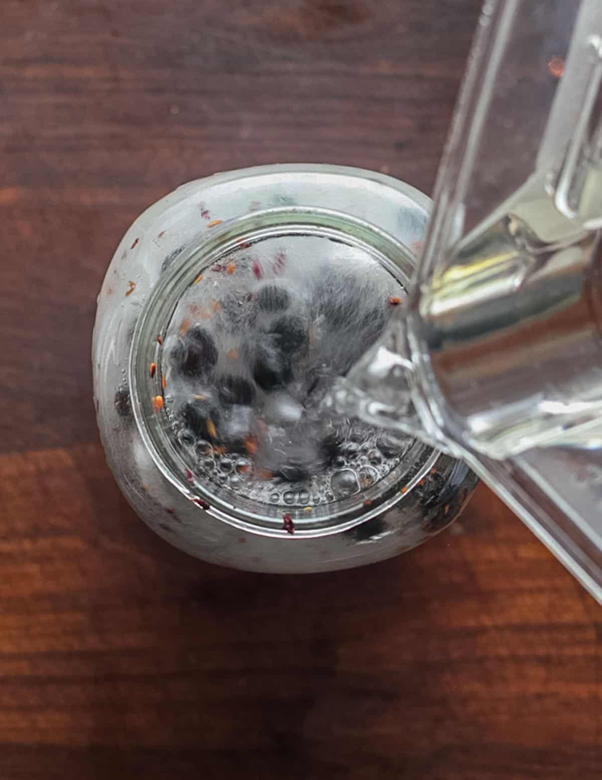 Adding water to a jar of elderberries, aronia berries and sugar to make vinegar.