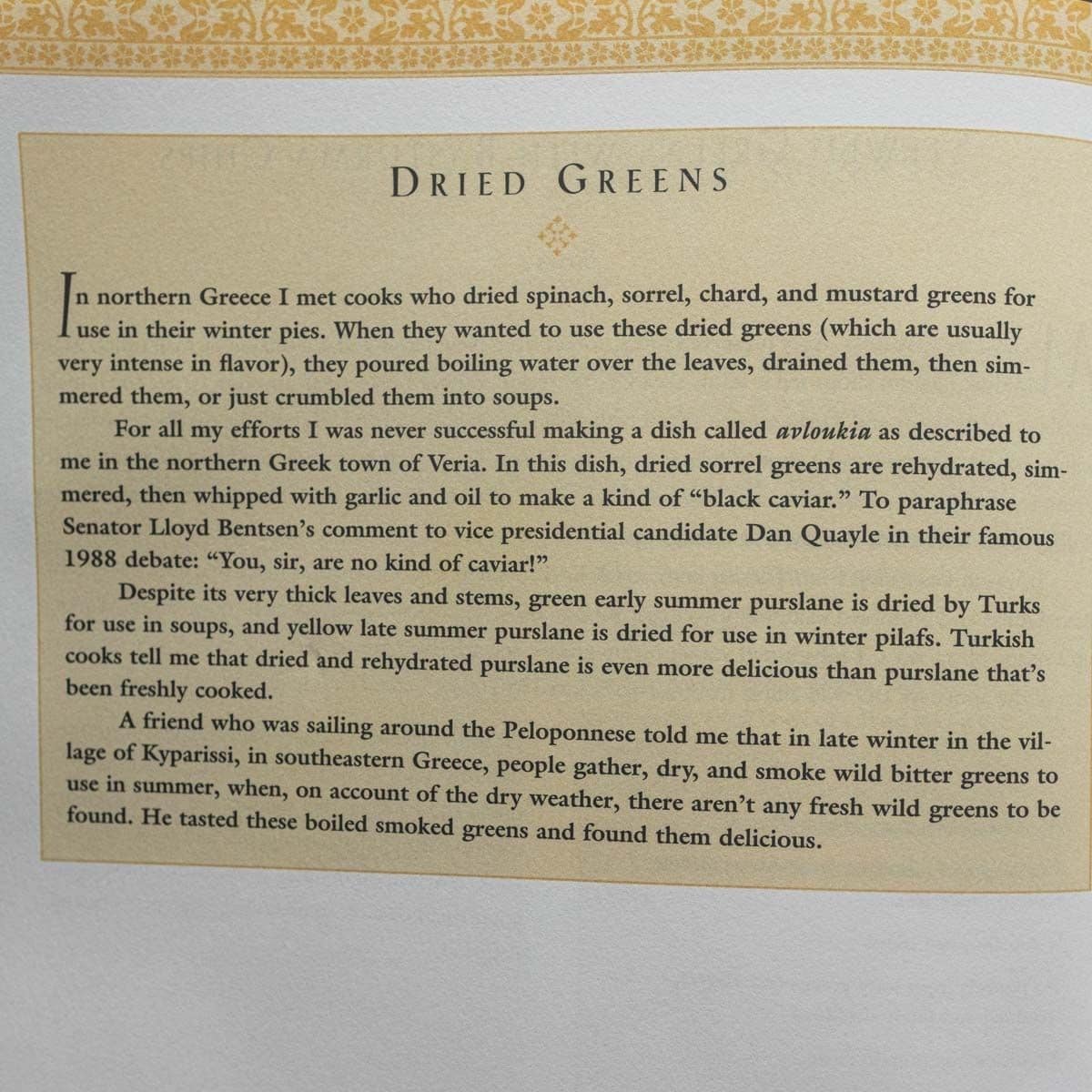 An excerpt from Paula Wofert's book on greens and grains discussing dehydrating greens.