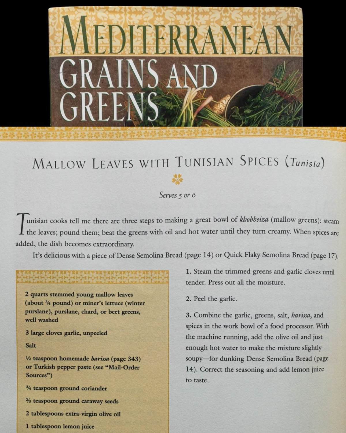 An excerpt from a book showing a Tunisian mallow greens recipe made with harissa paste.