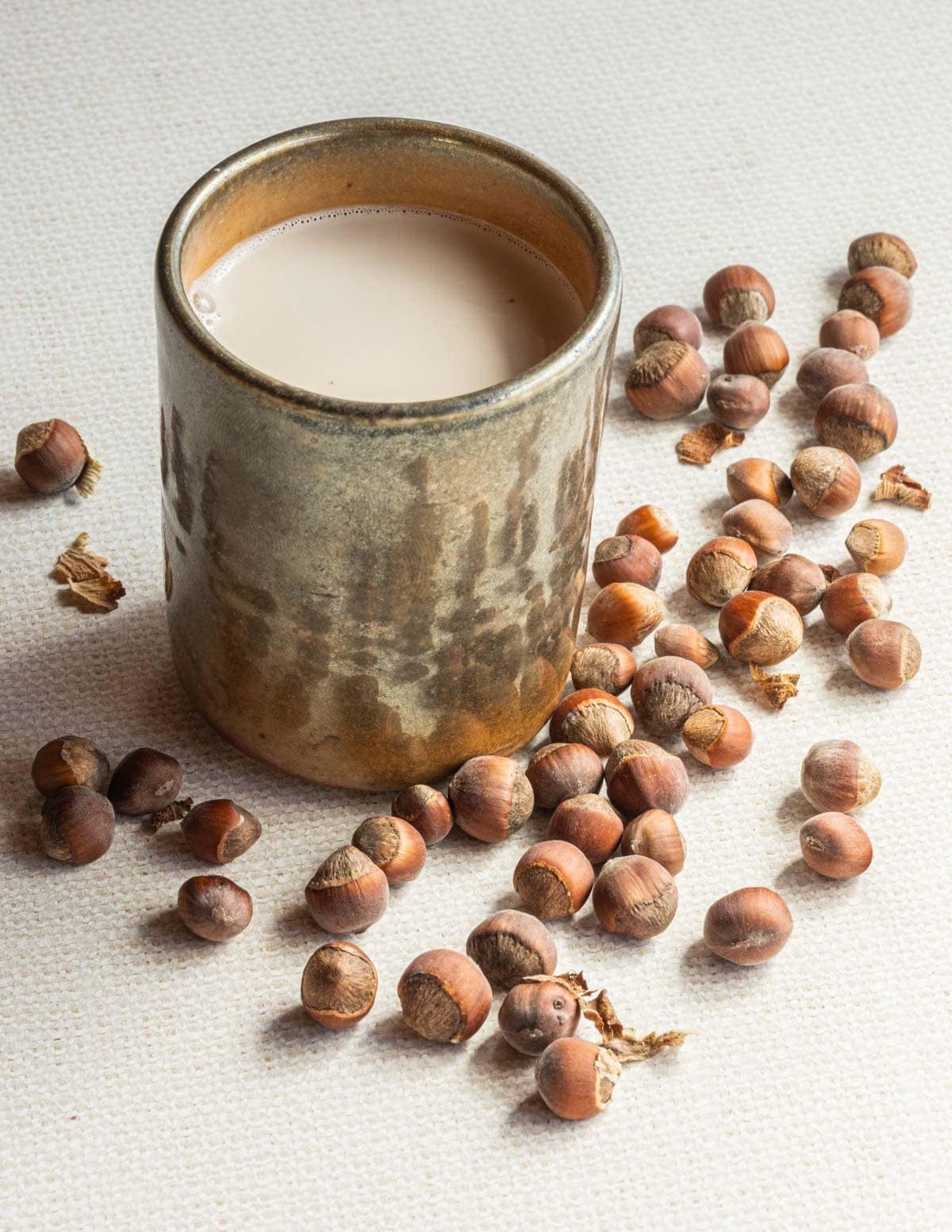 A mug of warm hazelnut milk surrounded by wild hazelnuts in the shell.