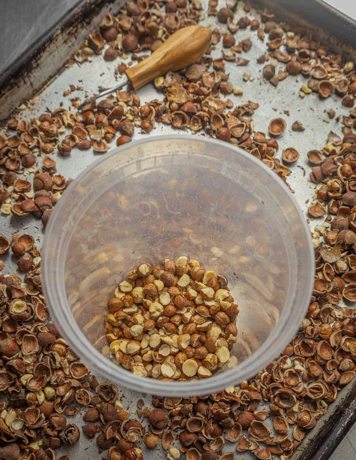 A jar of shelled hazelnut meats on a tray surrounded by a nutcracker and many wild hazelnut shells.