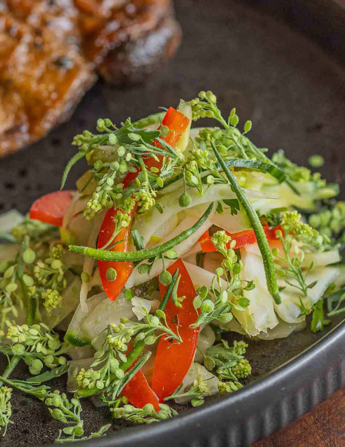 A fennel slaw with Virginia peppergrass seeds, mustard seed pods, and herbs.