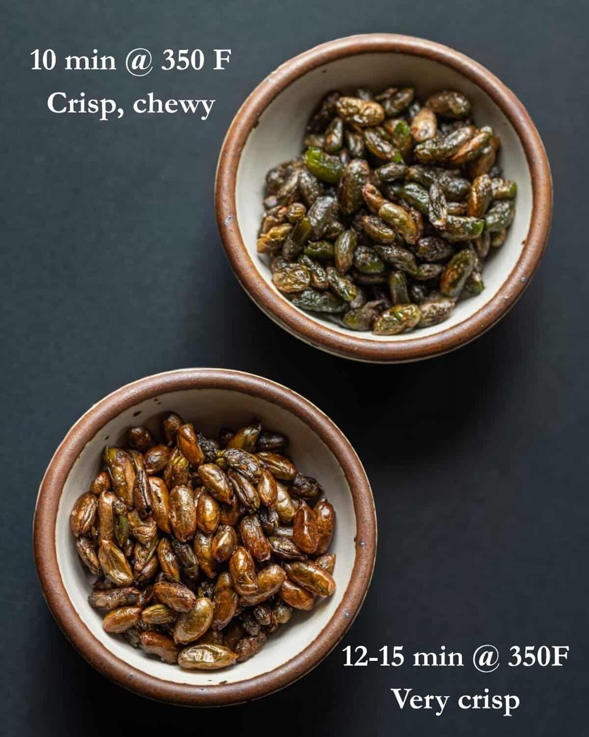 An infographic showing two small bowls of cooked maple seeds, one baked for 15 minutes that's brown and crunchy, the other baked for ten minutes, remaining green and slightly chewy.