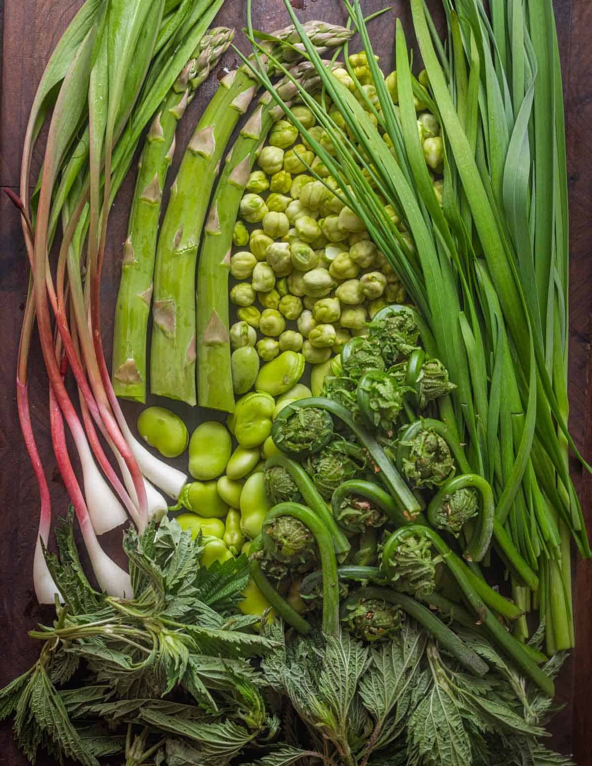 Spring vegetables laid out on a walnut board: ramps, green chickpeas, fava beans, garlic chives, chives, fiddlehead ferns and stinging nettles.