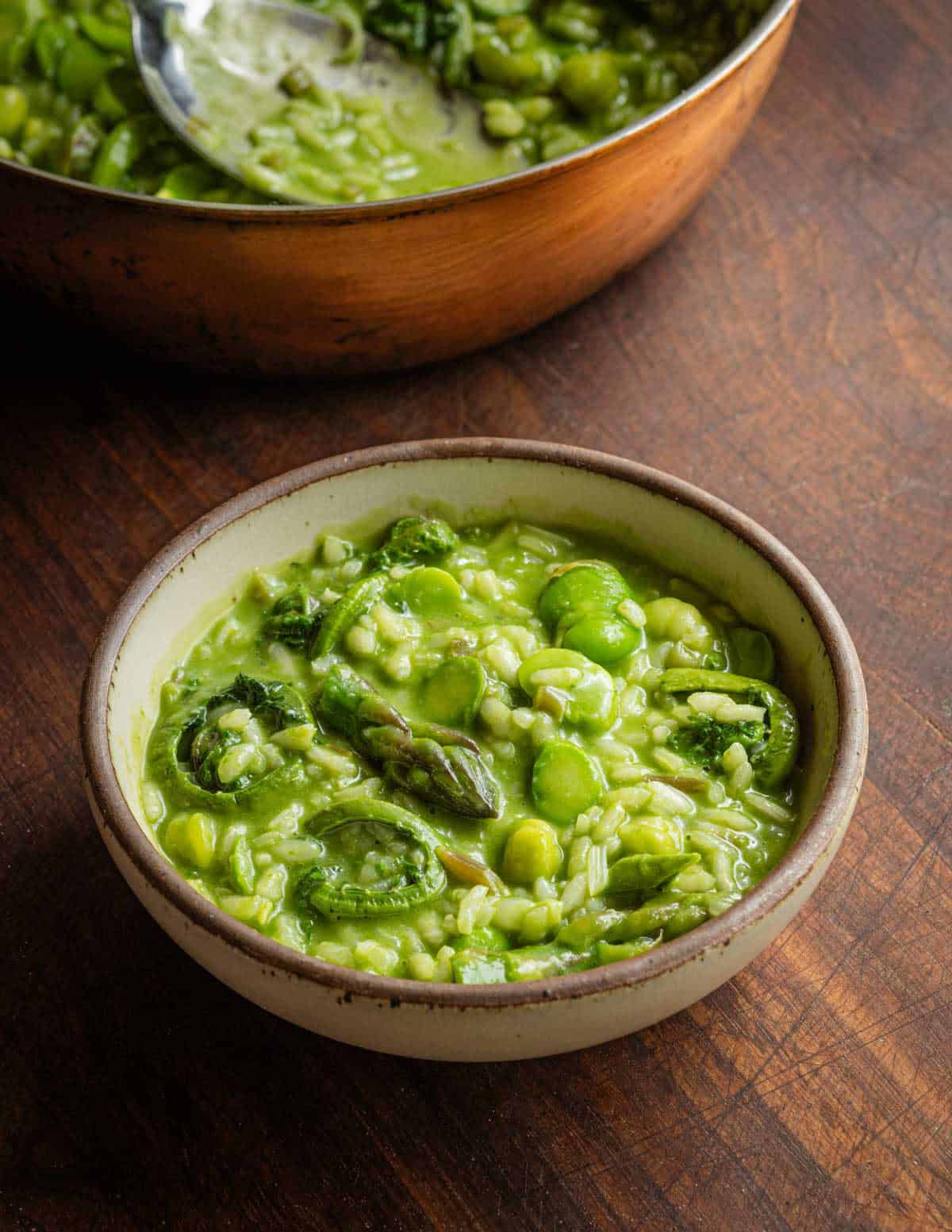 A bowl of deep green risotto tinted with green with ramp leaf puree, showing fiddleheads, asparagus and fava beans in the bowl.