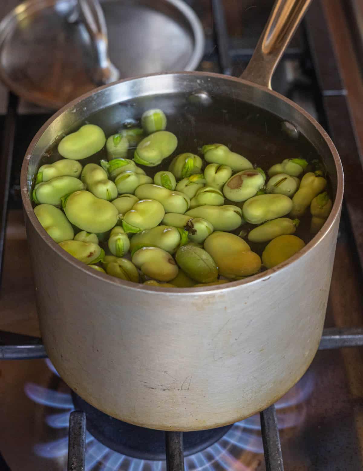 Blanching fava beans in the shell in a pot of salted water.
