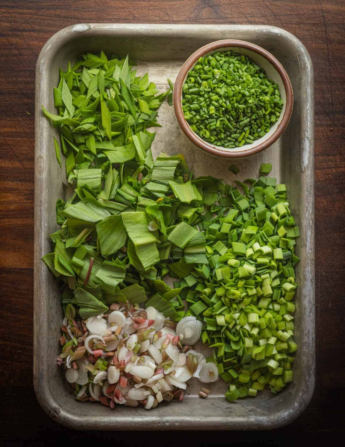 Various alliums laid out on a tray: nodding onion, chives, green garlic, ramp bulbs and leaves.