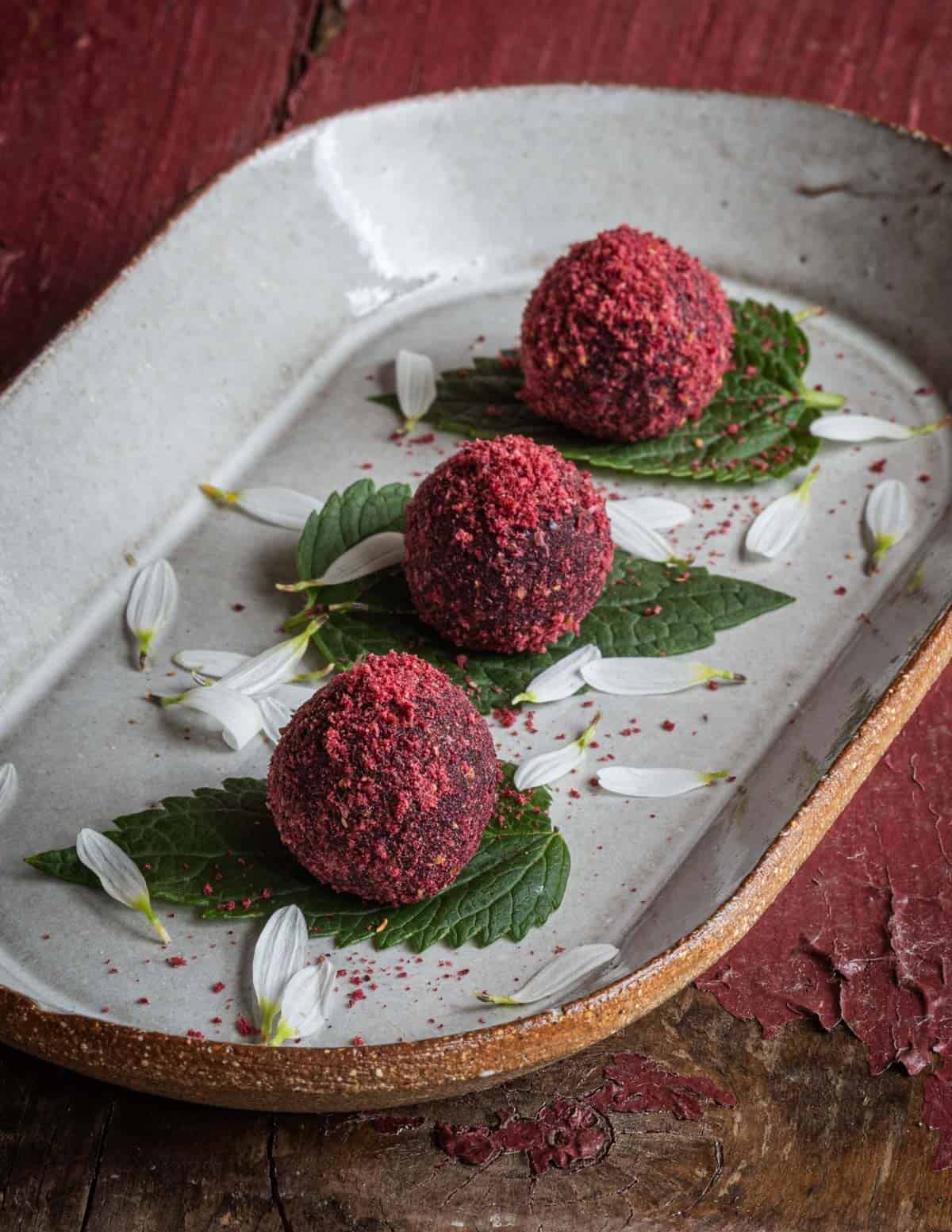 Balls of homemade pemmican or wasna made with wood fire dried venison, serviceberries and beef tallow,, tossed in cranberry powder and served on an anise hyssop leaf.