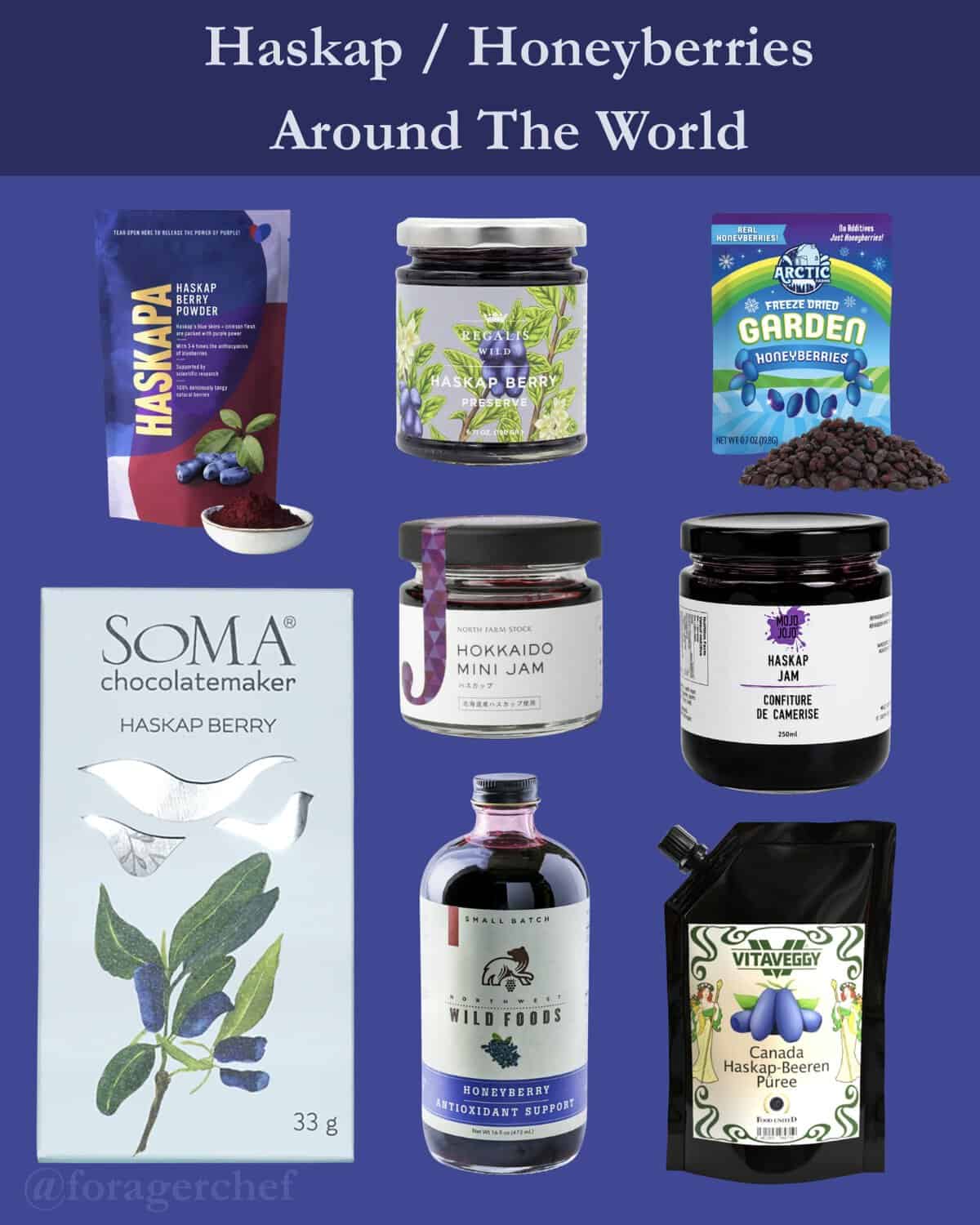 An infographic showing eight different products sold around the world made from honeyberries or haskap berries. Everything from jams and jellies, chocolate, juice, puree, and freeze dried fruit is shown.
