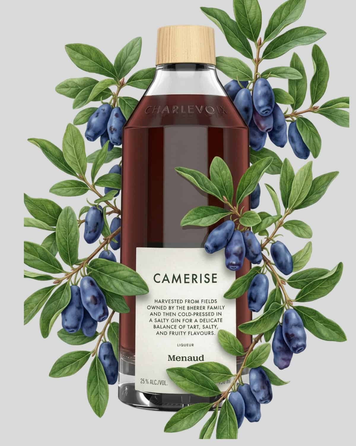 An image of a bottle of liquor de camerise, a liquor made from honeyberries.