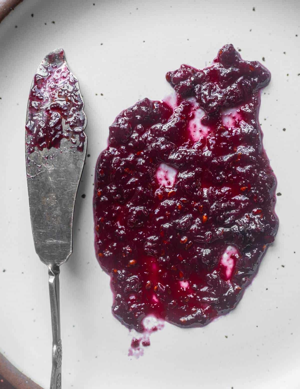 A spoonful of serviceberry or juneberry jam showing the seeds are left in.