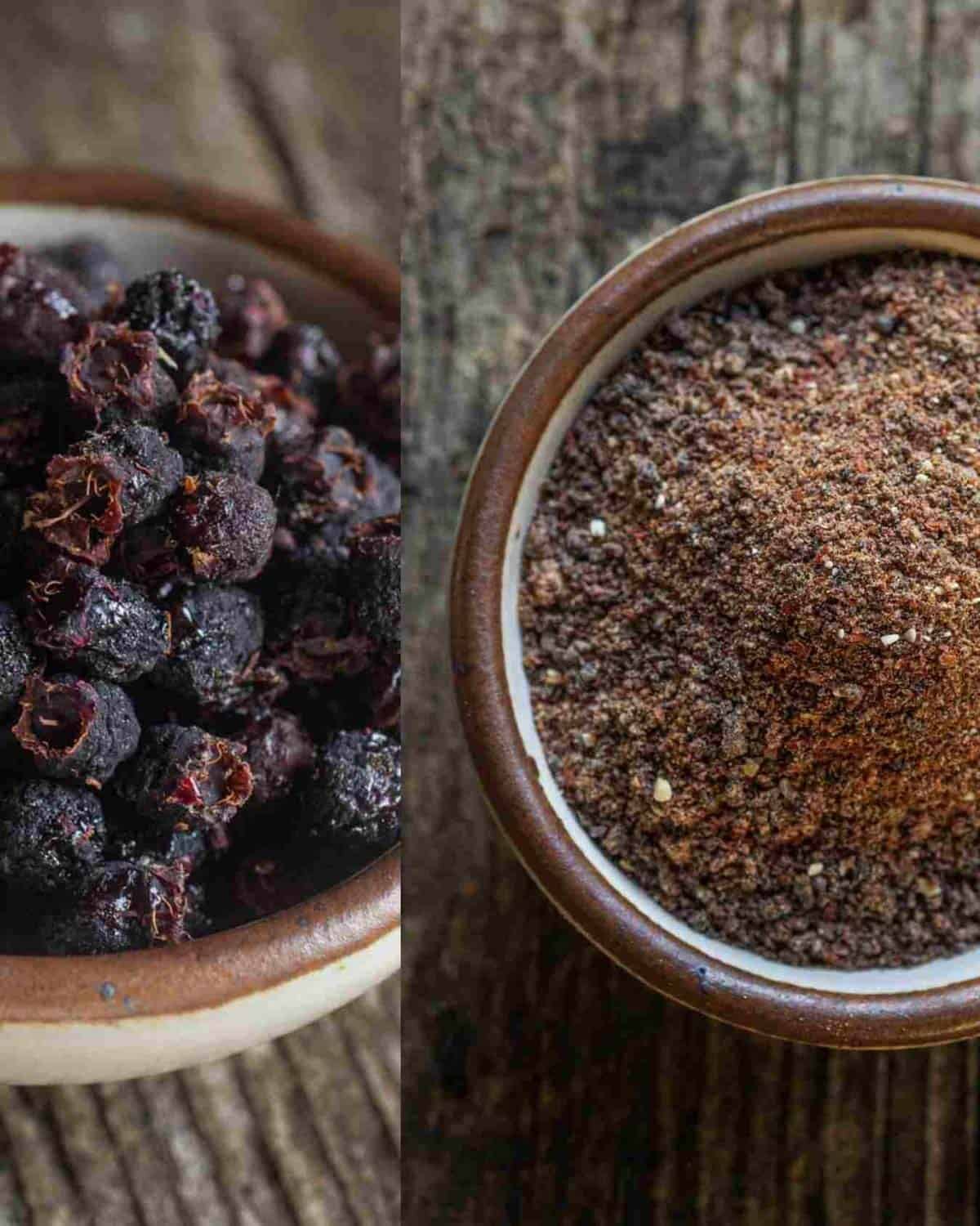 A composite image showing dehydrated serviceberries on the left in a small white bowl and ground, dried serviceberry powder on the right in the same bowl.