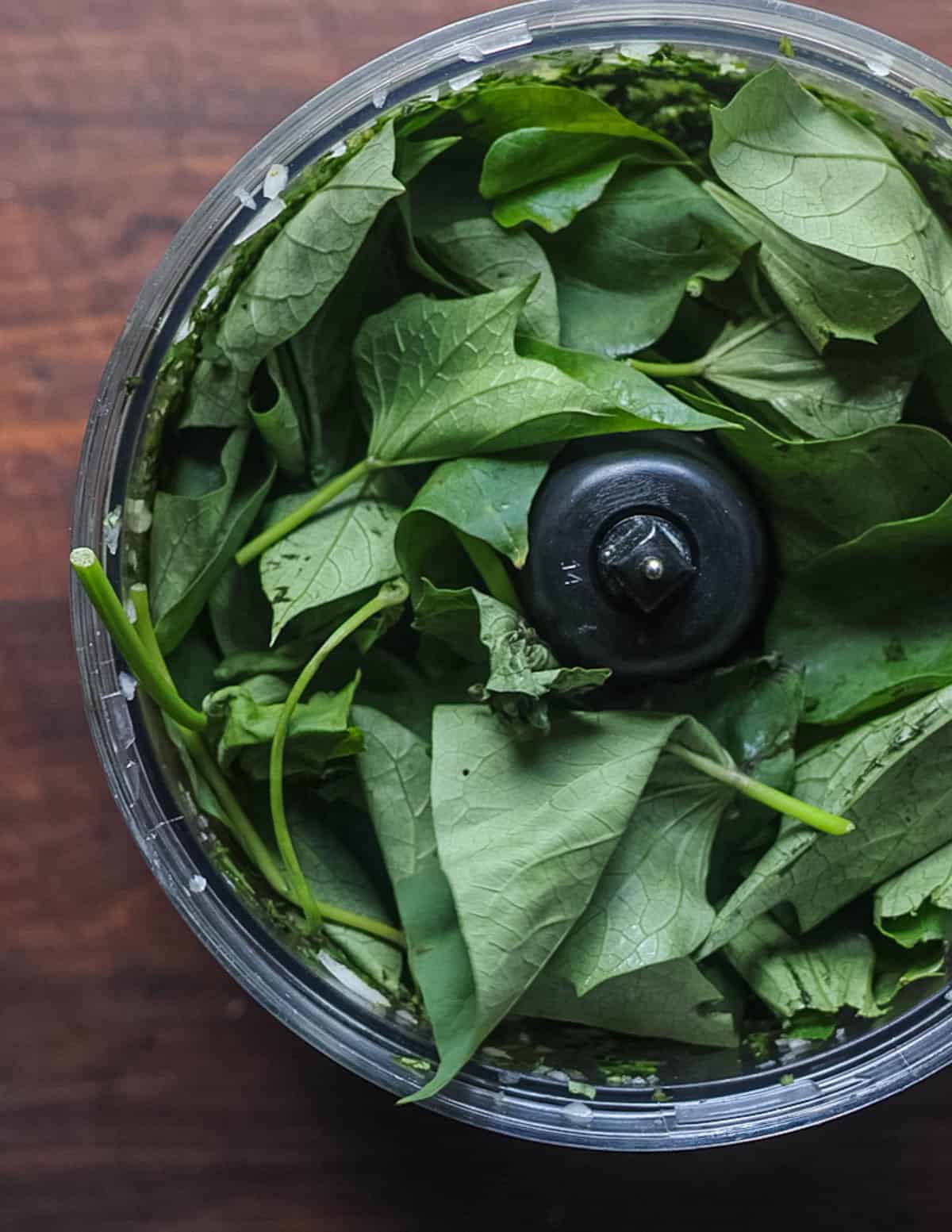 A food processor filled with fresh sweet potato greens.