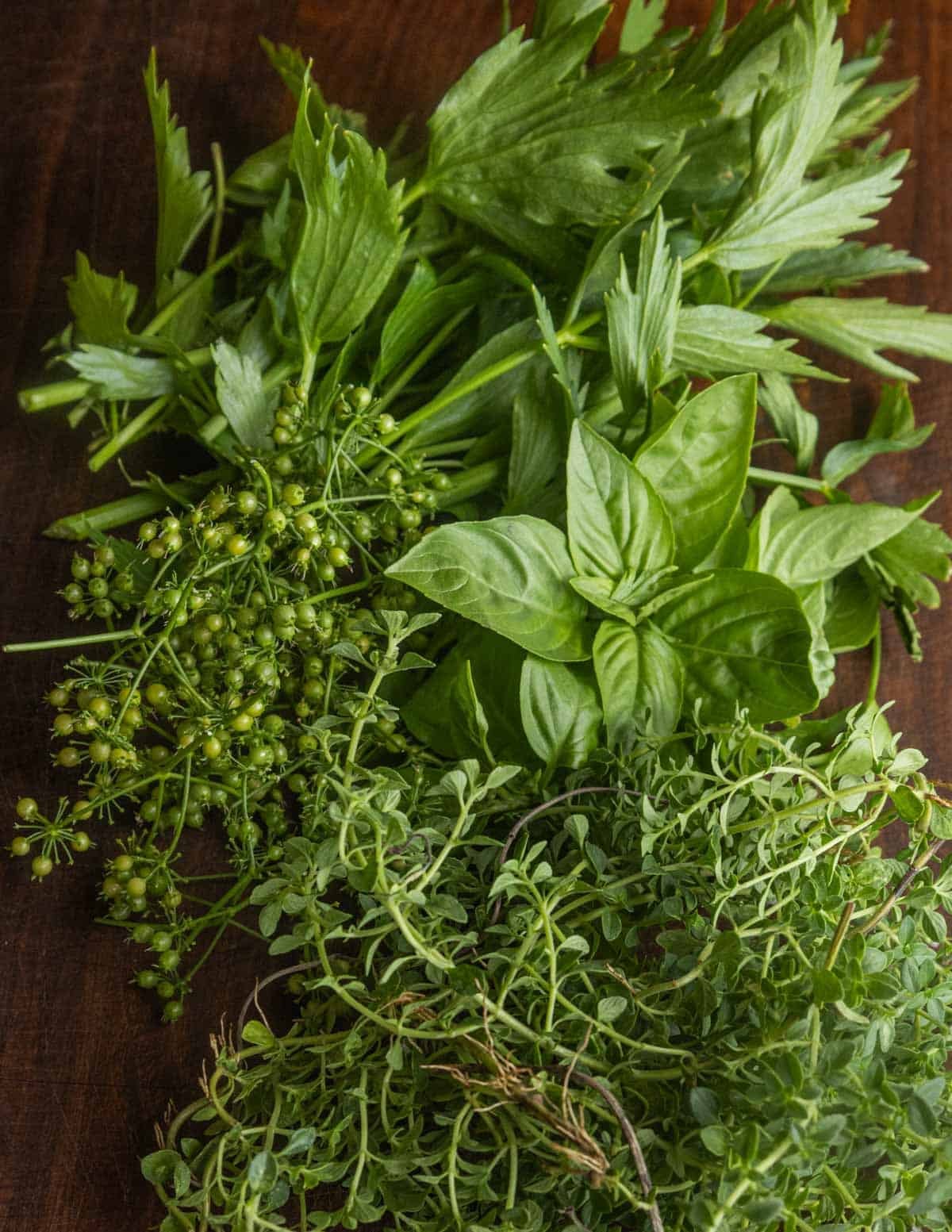 Lovage, lemon thyme, basil and green coriander seed on a cutting board.