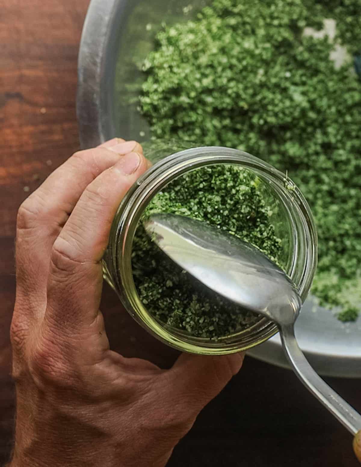 Packing a pint jar full of fresh garden herb salt before refrigerating.