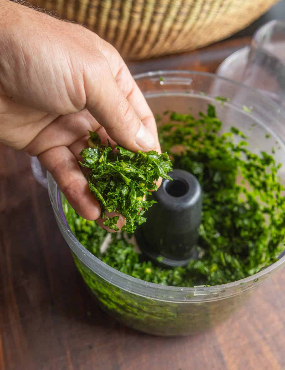 A hand grabbing a handful of greens that've been pulsed in a food processor to break them up.