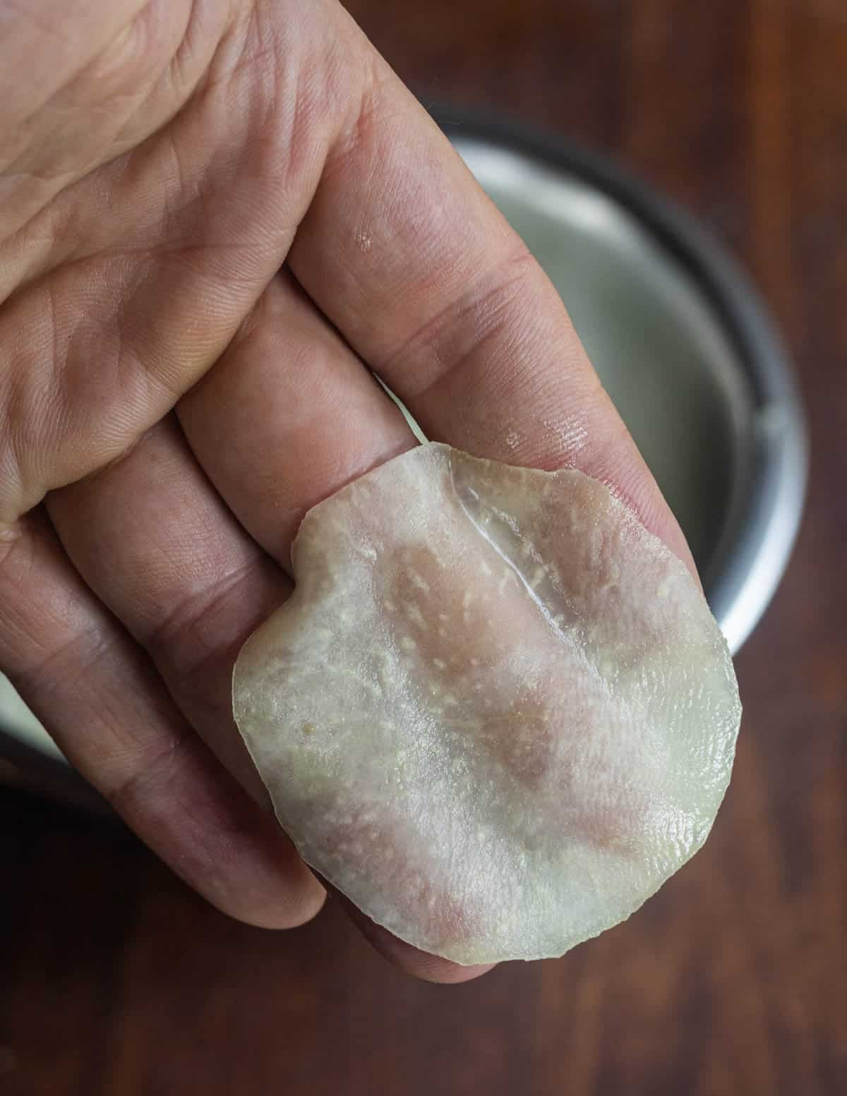 A hand holding a slice of kohlrabi cut on a mandoline so thin that the fingers are visible through it.