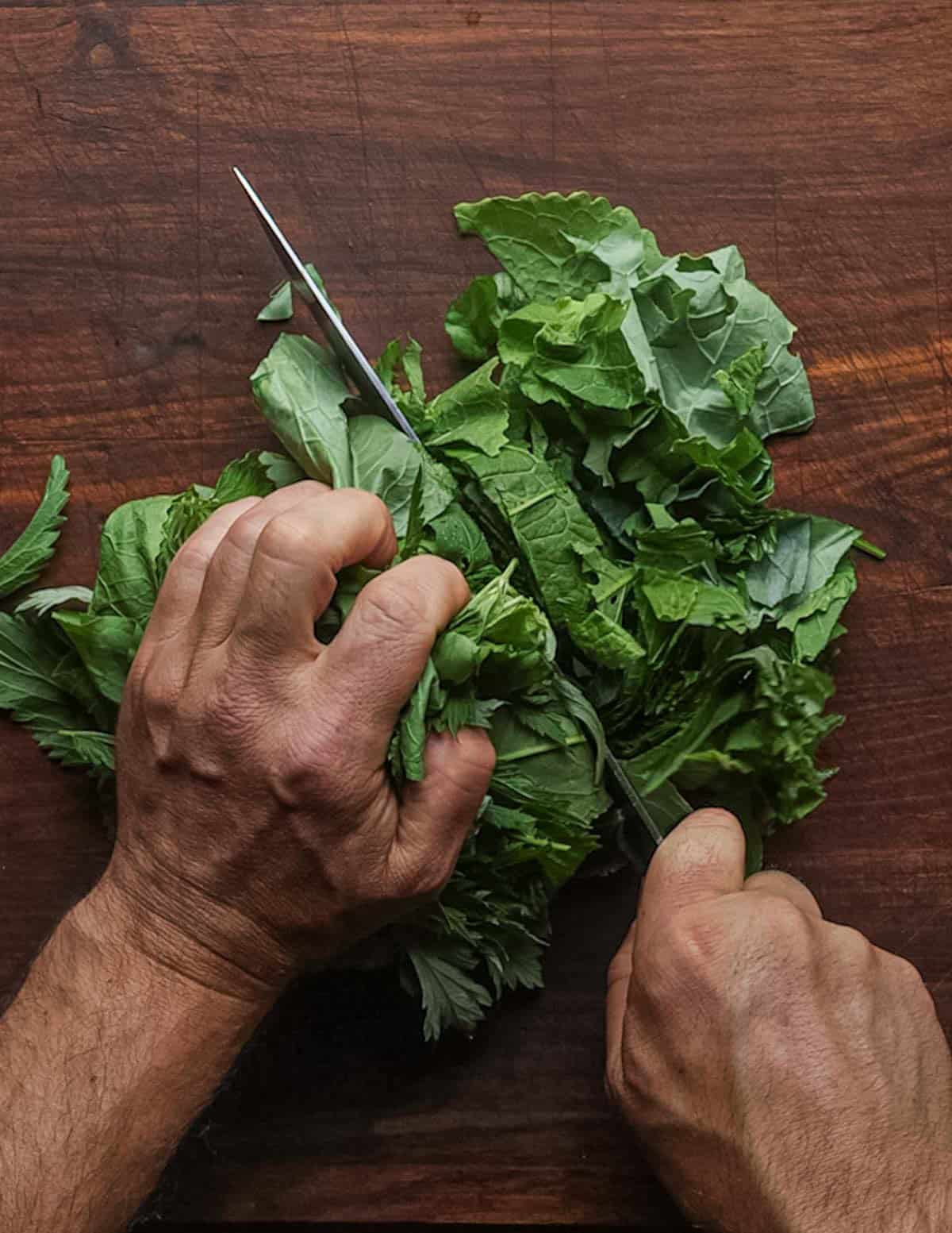 A hand grasping foraged greens and slicing them with a large chef knife.