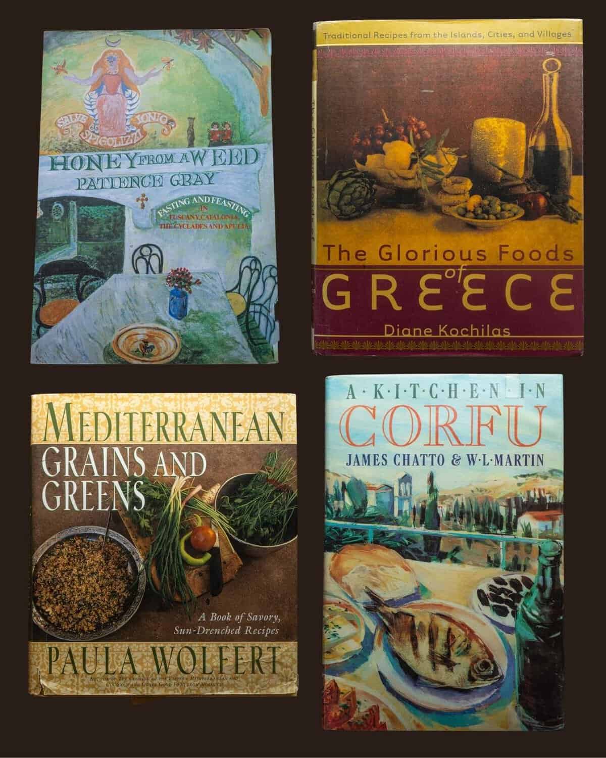 A black background with four books on Traditional Greek cooking. Honey from a Weed, The Glorious Foods of Greece, Taste of the Aegean, and Medditeranean Green and Grains. All books mentioning Greek Spinach Rice Recipes or Spanikorizo.