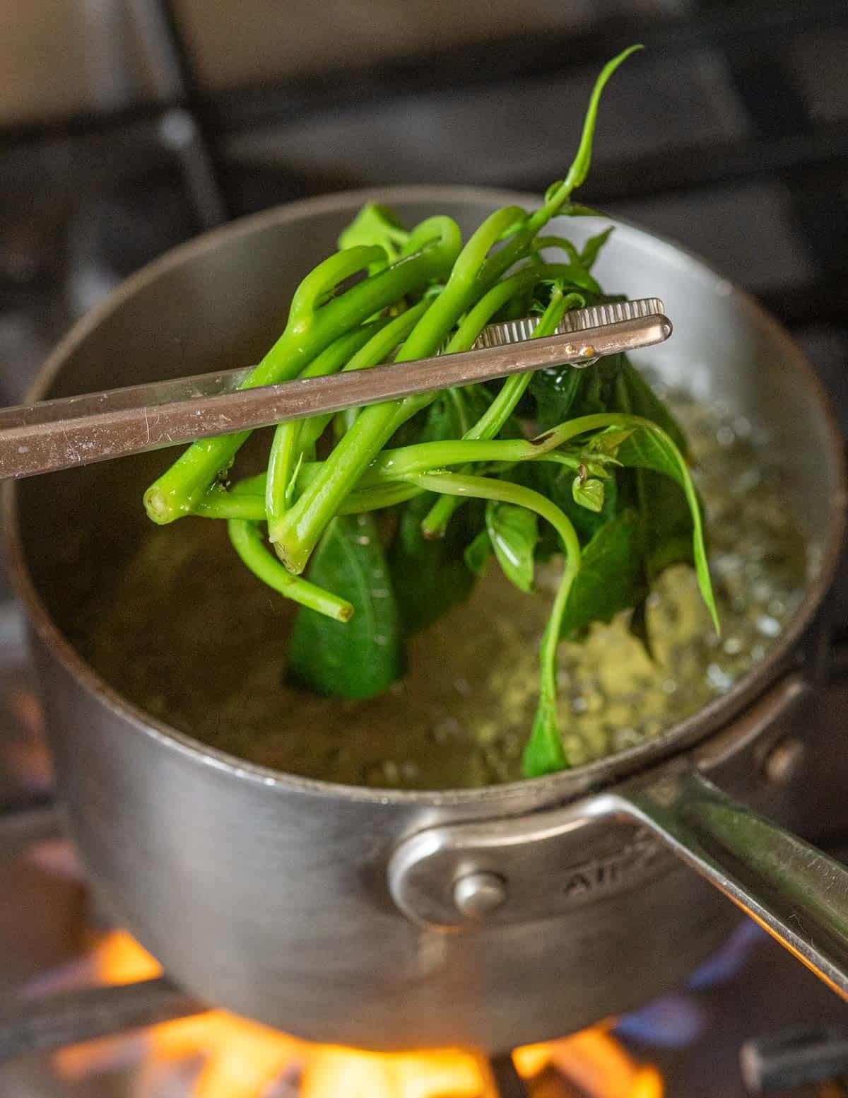 A pair of thin tongs pulling blanched sweet potato vines from boiling water.