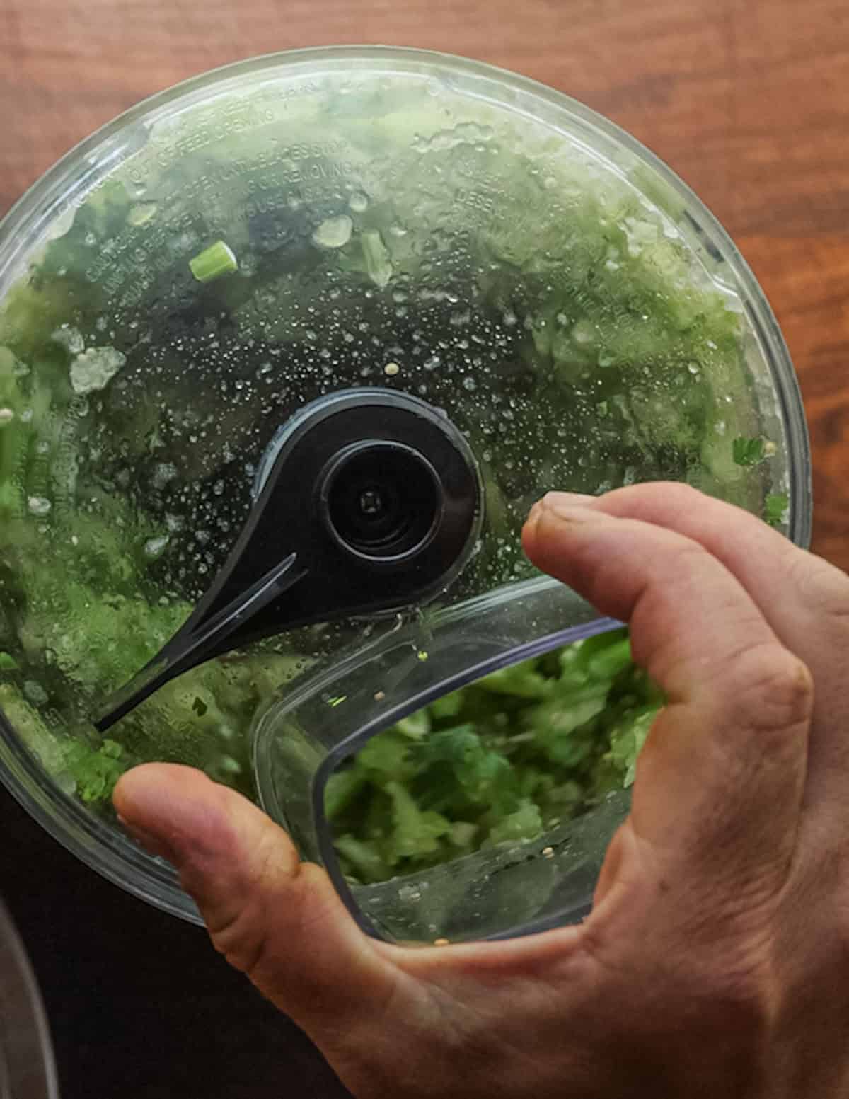 Pureeing tomatillo and garlic scape salsa in a food processor.