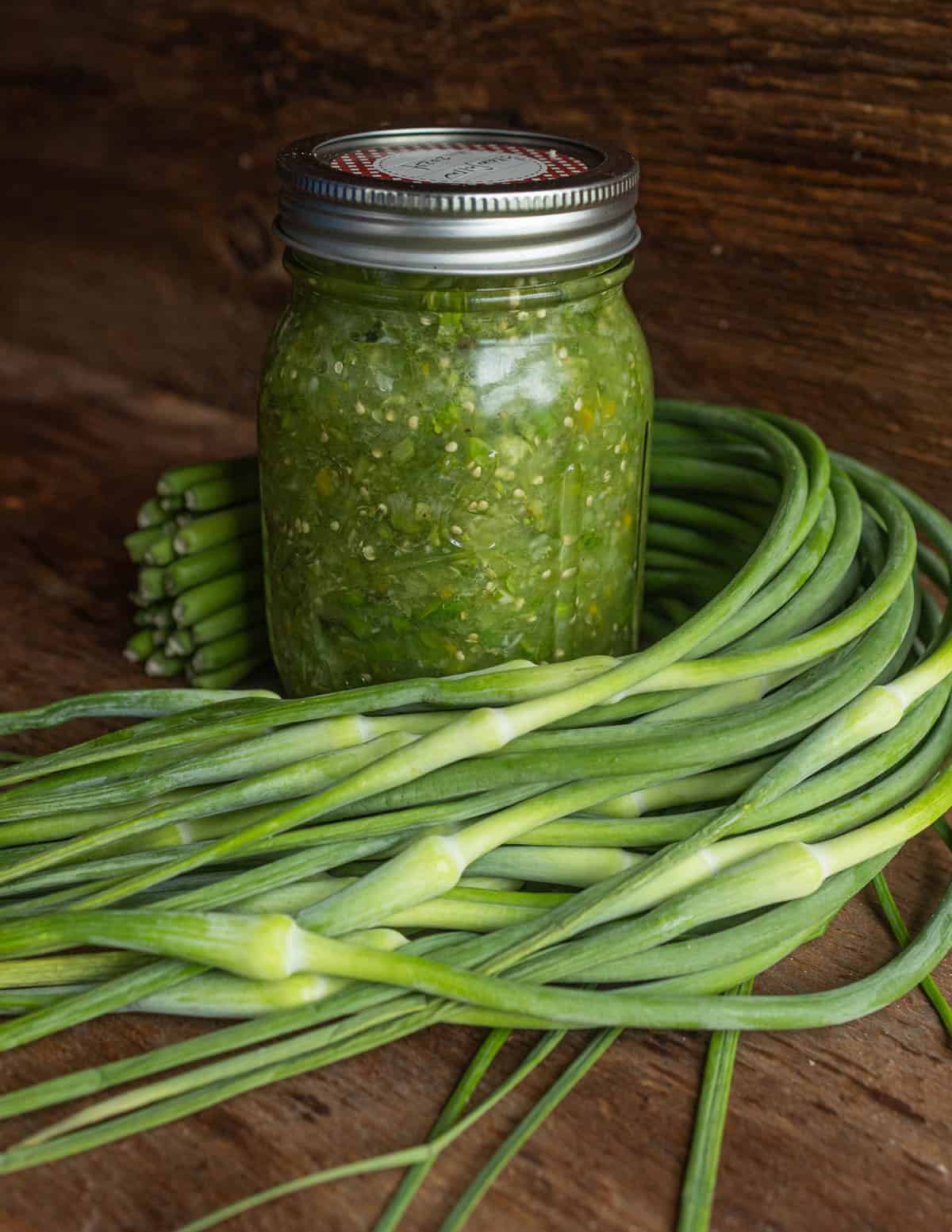 A jar of homemade tomatillo and garlic scape salsa in a jar surrounded by fresh garlic scapes from the farmers market.
