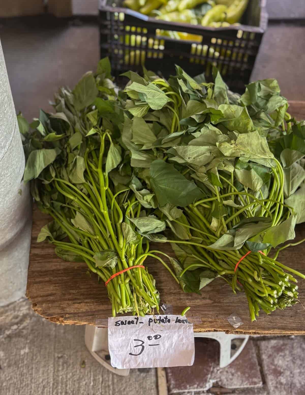 Sweet potato leaves for sale at the Saint Paul Farmer's Market.