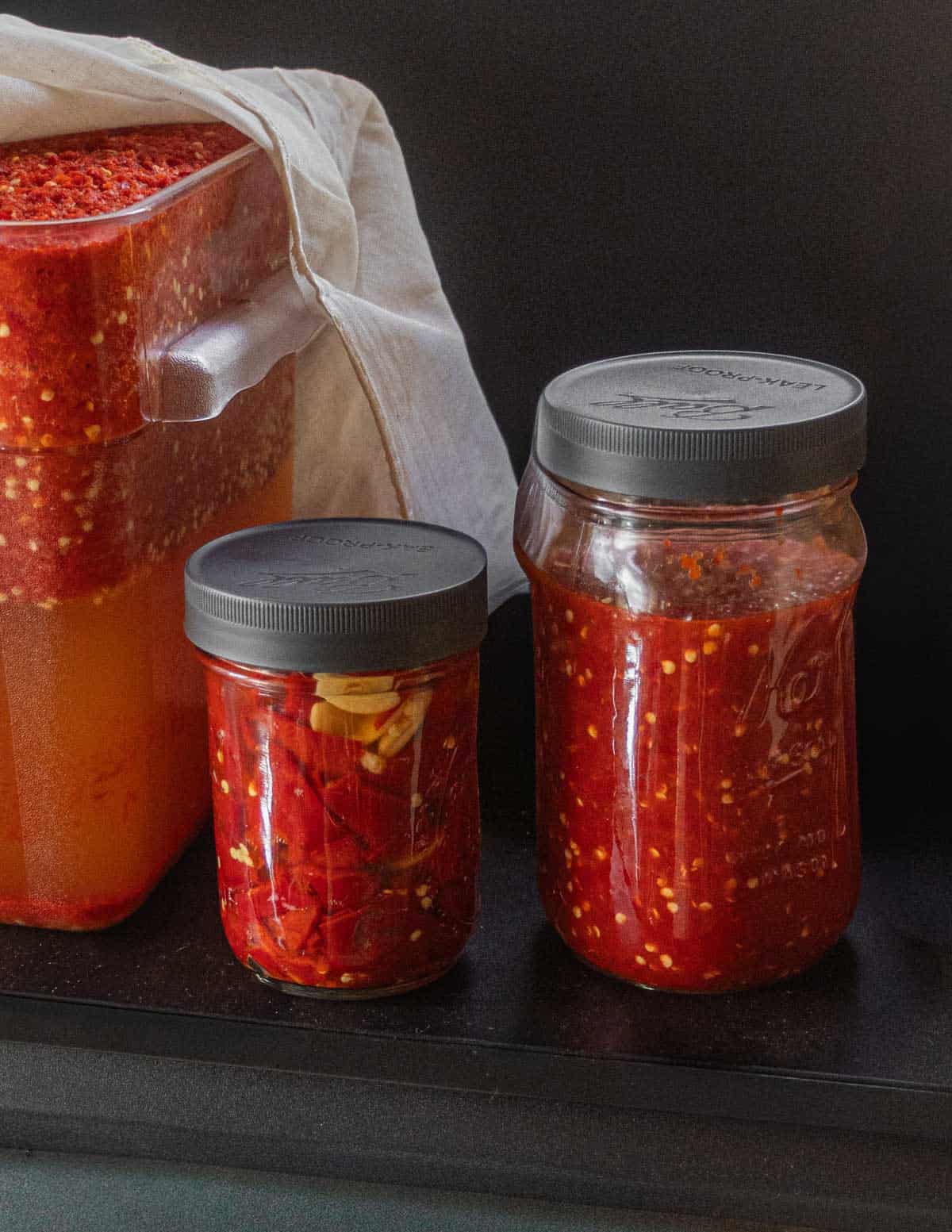 Different jars of peppers fermenting for hot sauce: mason jars, and a large polycarbonate cambro food container filled with ground peppers, water and salt.