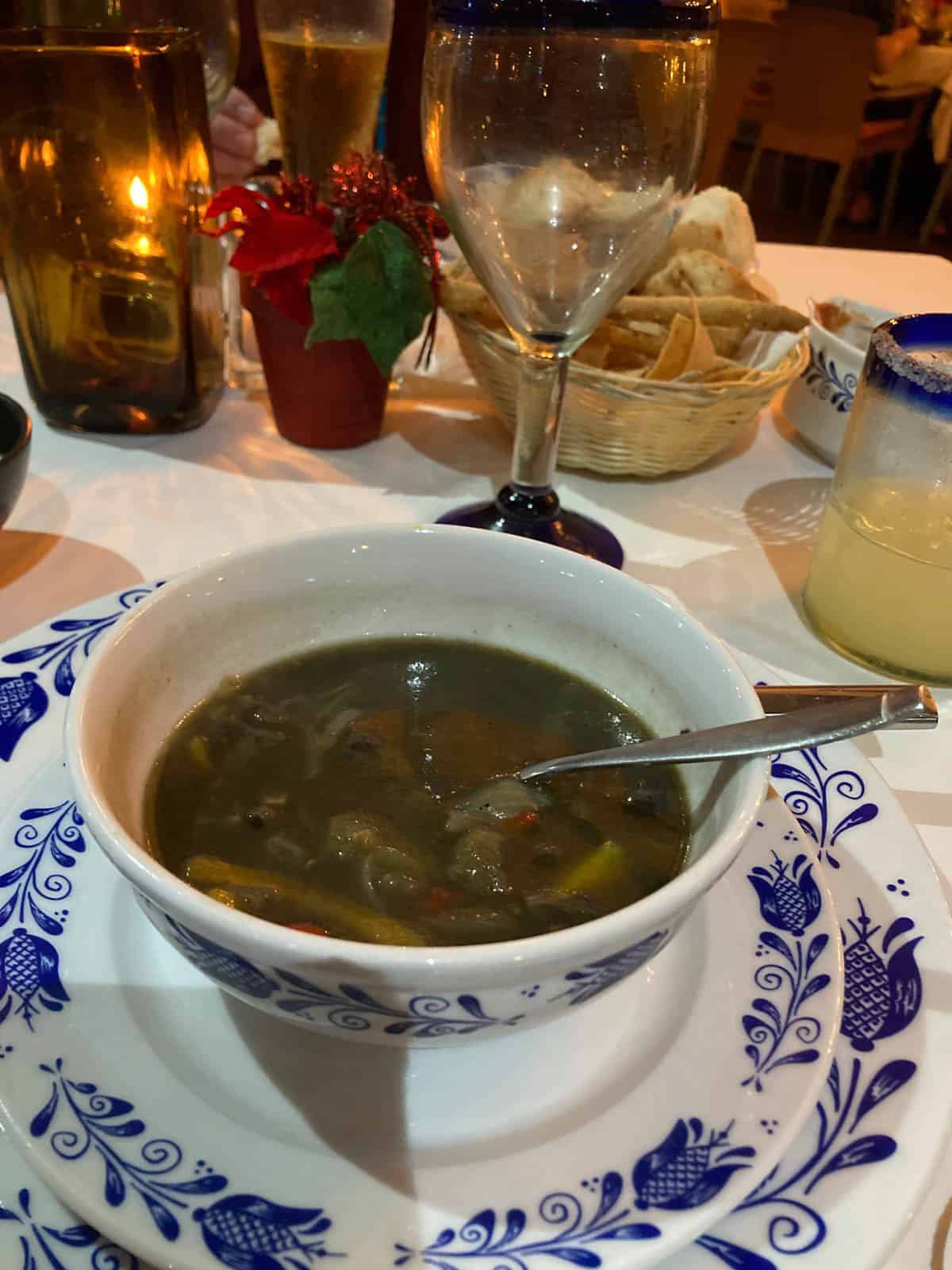 A bowl of sopa de huitlacoche served in Mazatlan, Mexico.